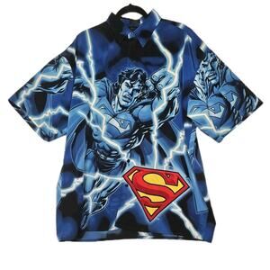 Warner Bros. Superman Comic Button-Front Shirt Blue 100% Polyester 2002 XL